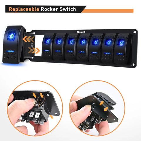 Front view of 8 Gang Aluminum Rocker Switch Panel With Pre Wired Harness Blue Backlit 5 Pin On Off Dash Switch for vehicles.