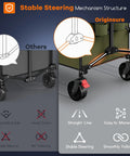 Comparison of steering mechanism on the High Capacity 220L Collapsible Wagon Cart With 38 Inch Long Foldable Design Heavy Duty All Terrain Wheels Grab And Go Portable Utility Cart For Camping Beach Sports Shopping And Groceries In Green, highlighting stable steering feature.