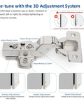 Twenty Pack Inset Cabinet Hinges Featuring Smooth Soft Close Action And Frameless Design For Quick No Sweat Installation Heavy Duty Metal Construction With Included Mounting Screws And Wood Dowels, showing adjustable 3D system.