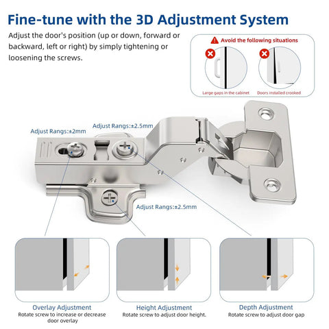 Twenty Pack Inset Cabinet Hinges Featuring Smooth Soft Close Action And Frameless Design For Quick No Sweat Installation Heavy Duty Metal Construction With Included Mounting Screws And Wood Dowels, showing adjustable 3D system.