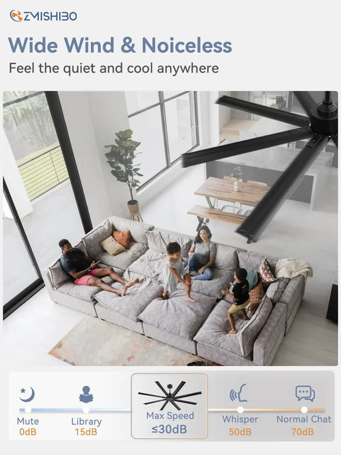 Living room with Beefy 72 Inch Black Ceiling Fan With Remote No Light Quiet DC Motor Industrial Indoor Outdoor With 8 Aluminum Blades