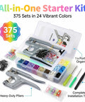 Snaps And Snap Pliers Set With 375 T5 Plastic Button Sets For Sewing And Crafting, 24 Color Variants, Pliers Fit 16 20 And 24 Snap Sizes T3 T5 T8, Perfect For Beginners And Pros displayed in a box.