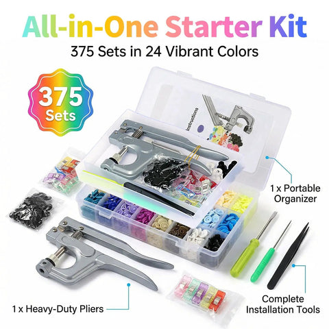 Snaps And Snap Pliers Set With 375 T5 Plastic Button Sets For Sewing And Crafting, 24 Color Variants, Pliers Fit 16 20 And 24 Snap Sizes T3 T5 T8, Perfect For Beginners And Pros displayed in a box.