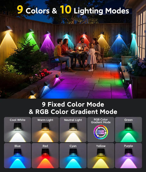 Make Your Outdoors Slay With These Big Time Solar Fence Lights 10 Pack showing colorful RGB LED lights in garden setting.