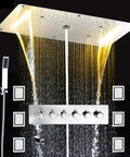 Top Shelf Thermostatic Shower System With Flush Mount Ceiling Head And Dual Massage Sprayers Featuring Sleek LED Display and beautiful water flow.