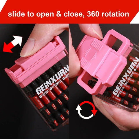 Impact Torx Screwdriver Bit Set Beefy 45 Piece Magnetic S2 Steel Driver Bits T10 Through T30 in pink storage box opening mechanism