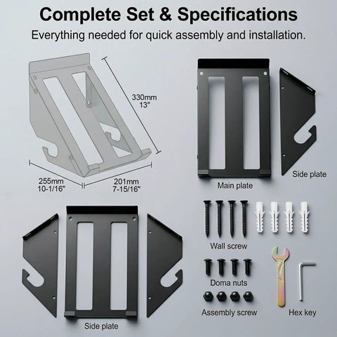 Heavy Duty Circular Saw Wall Mount Holder components and hardware for garage and workshop installation displayed flat.