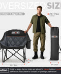 Oversized XL Camping Chair for Adults With 400 Pound Capacity Heavy Duty Padded Folding Seat Side Pocket Cup Holder Cooling Bag Included Ideal for Beach Camping RV Trips Outdoor Sports Garden and Lawn shown with storage bag, model for scale, and dimensions.