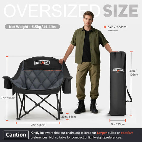 Oversized XL Camping Chair for Adults With 400 Pound Capacity Heavy Duty Padded Folding Seat Side Pocket Cup Holder Cooling Bag Included Ideal for Beach Camping RV Trips Outdoor Sports Garden and Lawn shown with storage bag, model for scale, and dimensions.
