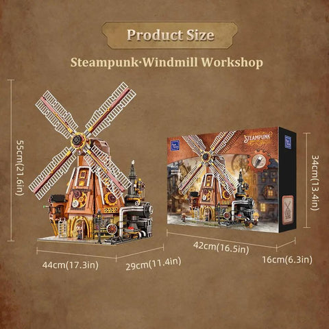 Dope Steampunk Dutch Windmill Building Set With Motorized Blades Exposed Gears Openable Walls And Accessible Mechanical Drive
