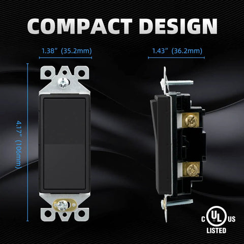 Matte Black Single Pole Decorator Light Switch Sleek On Off Paddle Rocker Replacement 15 Amp 120 277V Self Grounding Residential And Commercial Grade UL CUL Listed 5 Pack front and side view with dimensions