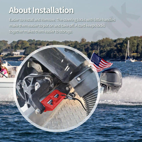 4 Inch Outboard Steering Lock For Boats With Hydraulic Cylinder Stops And Trailering Clips To Stop Engine Swinging, Universal Fit For Most Outboard Motors, Solid Pair Includes Lanyard