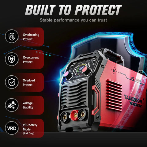135A MIG Welder 110V With Large LED Display Three In One Flux Core Welder Lift TIG And Stick front panel view