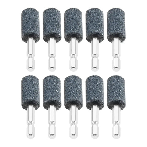 Ten Piece 16mm Cylindrical Aluminum Oxide Mounted Grinding Stones Set With One Quarter Inch Hex Shank For Electric Rotary Tools Drill Grinder Ideal For Metal Wood Plastic Surface Preparation Deburring Finishing