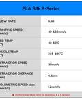 PLA Silk S-Series specifications chart for Silk Multicolor Rainbow PLA Filament Bundle For 3D Printing, 1.75mm, Four 200g Spools.