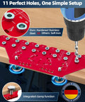 Two In One Cabinet Jig With Eleven Hole Shelf Pin Guide And Concealed Hinge Drill Template in anodized red with drill.
