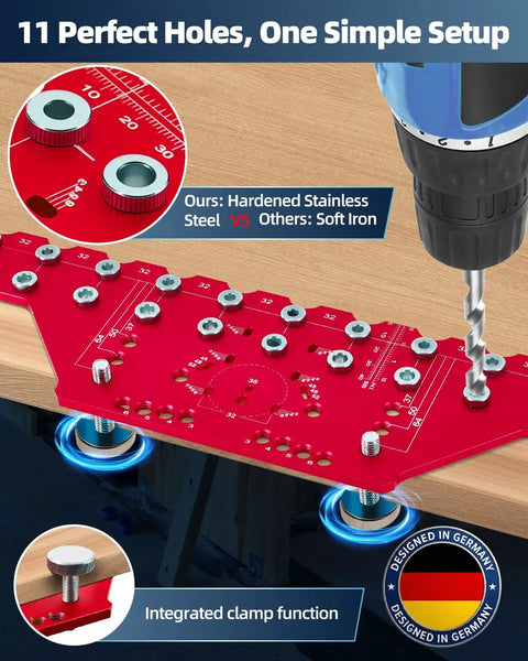 Two In One Cabinet Jig With Eleven Hole Shelf Pin Guide And Concealed Hinge Drill Template in anodized red with drill.