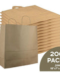 Heavy Duty Kraft Paper Gift Bags In Brown Jumbo 18 By 7 By 18 Inches Reinforced Construction With Weighted Block Bottom Stays Open For Easy Loading Perfect Bulk Gift Bags For Retail Stores And Parties shown in a stack of 200.