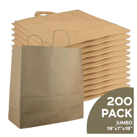Heavy Duty Kraft Paper Gift Bags In Brown Jumbo 18 By 7 By 18 Inches Reinforced Construction With Weighted Block Bottom Stays Open For Easy Loading Perfect Bulk Gift Bags For Retail Stores And Parties shown in a stack of 200.