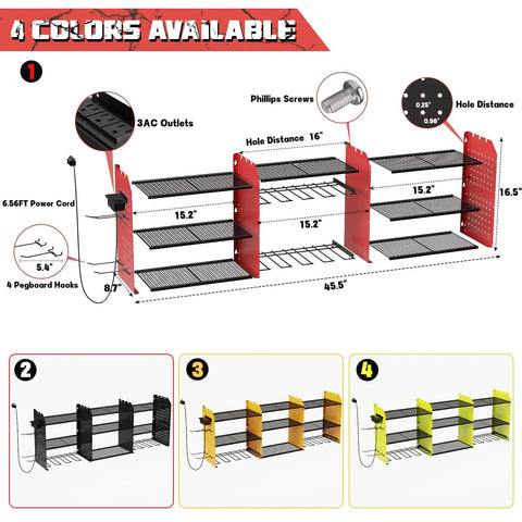 Power Tool Organizer Wall Mount With Charging Station For Your Garage With Customizable 15 Inch Shelves 8 Drill Holders 4 Pegboard Hooks Six And A Half Feet Power Strip Heavy Duty Garage Organizer A Must Have Gift For DIY Fans diagram with dimensions.