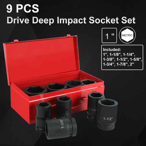 1 Inch Drive Deep Impact Socket Set With 9 Piece CrMo 6 Point Sockets From 1 Inch To 2 Inch SAE, Heavy Duty Storage Case in red