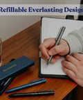 Three Pack Luxury Metal Ballpoint Pens Set For Teachers And Pros on desk with blue box, person writing on notepad, modern pen design