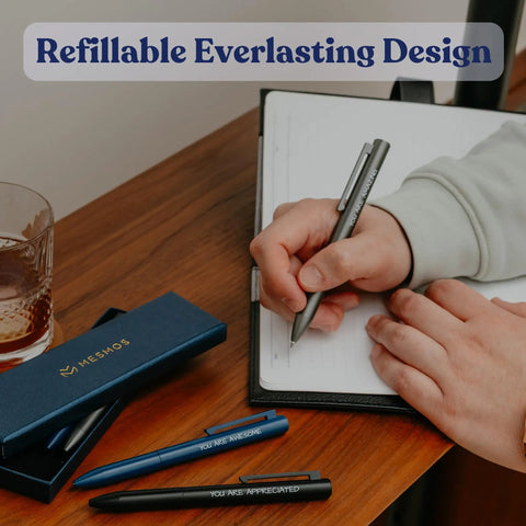 Three Pack Luxury Metal Ballpoint Pens Set For Teachers And Pros on desk with blue box, person writing on notepad, modern pen design