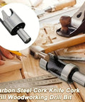 Kickass Eight Piece Wood Plug Cutter Drill Bit Set Offering Straight And Tapered Options For Heavy Duty DIY Projects And Home Renovations Real Deal Steel Bits That Slice Clean Every Single Time - Carbon steel cork knife drill bit on wooden work surface.