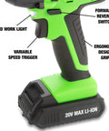 Handle of Three Eighth Inch Cordless Impact Wrench With 20V Battery, ergonomic grip, speed trigger, and work light details