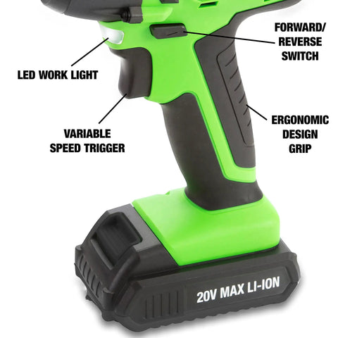 Handle of Three Eighth Inch Cordless Impact Wrench With 20V Battery, ergonomic grip, speed trigger, and work light details