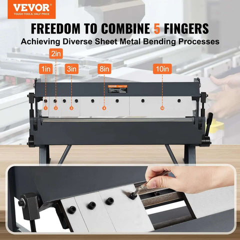 Box And Pan Brake 24 Inch Portable Metal Bender with 0 to 135 Degree Bending Handles, showing finger adjustment for complex sheet metal bends.