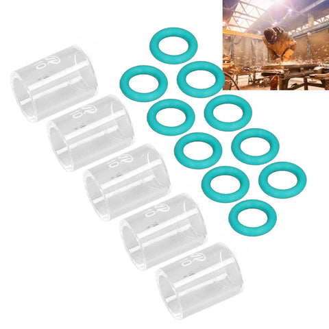 Tig Welding Glass Cup Kit, 5-Piece Set With 10 O-Rings And Storage Boxes, clear cups and green O-rings displayed on white background.