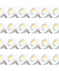 Slick Finish 24 Pack Led Recessed Lighting Retrofit Can Downlights Adjustable Warm To Cool White Dimmable 5 And 6 Inch bulbs arranged in rows.