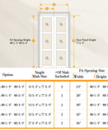 Diagram showing dimensions for Bifold Closet Doors 24x80 Set With 3 Lite Tempered Frosted Glass And Sliding Hardware Kit. Size options table.