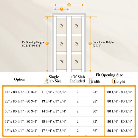 Diagram showing dimensions for Bifold Closet Doors 24x80 Set With 3 Lite Tempered Frosted Glass And Sliding Hardware Kit. Size options table.