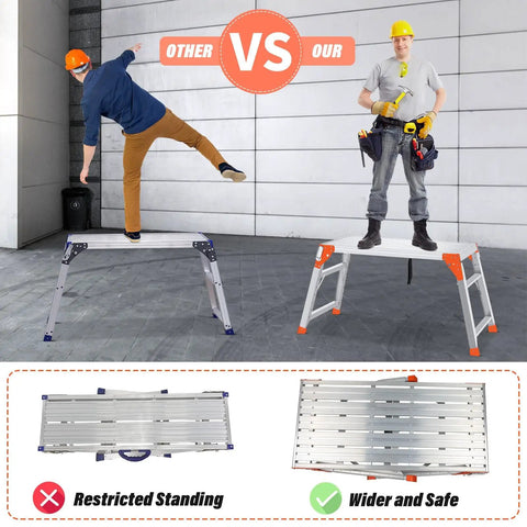All In One Grab And Go Adjustable Work Platform And Folding Ladder Aluminum Construction 330 Lb Capacity 24 To 35 Inch Reach Heavy Duty Portable Work Bench Stool With Non Slip Feet, wide aluminum platform