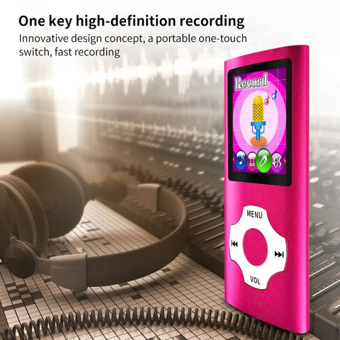 Portable MP3 Player With 1.8 Inch LCD Screen Video And Voice Recording FM Radio Ebook And Photo Viewer Expandable To 64GB Pink on audio equipment background