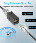 Easy release and strain relief feature on Ultra Slim Cat6a Patch Cables 1ft Pack Of 24, 10G Ethernet, black, with clear tap