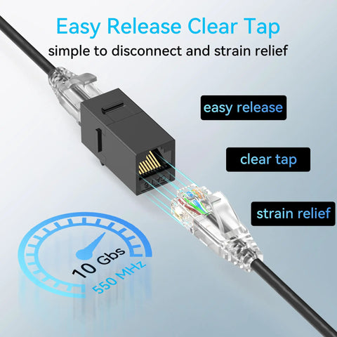 Ultra Slim Cat6A Ethernet Patch Cables 0.5ft 24 Pack, 10G 550MHz detail showing clear tap and strain relief feature.