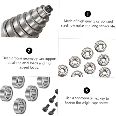 Router Bit Bearing Guide Kit Replacement Set built to last, carbonized steel bearings with low noise, showing hex key usage.