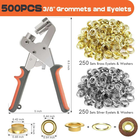 Three Eighth Inch Grommet Tool Kit Pro Grade Heavy Duty Handheld Pliers Set With 500 Eyelets for fabric and leather crafts