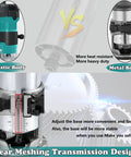 Comparison of plastic and metal bodies for Beefy 6.5 Amp 1.25 HP Palm Router with gear meshing transmission design.