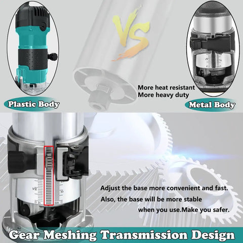 Comparison of plastic and metal bodies for Beefy 6.5 Amp 1.25 HP Palm Router with gear meshing transmission design.
