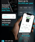 User interface of Plug And Play Level 2 EV Charger With Dope NACS Connector showing battery stats, scheduling, and 40A amperage.