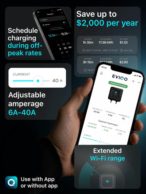 User interface of Plug And Play Level 2 EV Charger With Dope NACS Connector showing battery stats, scheduling, and 40A amperage.