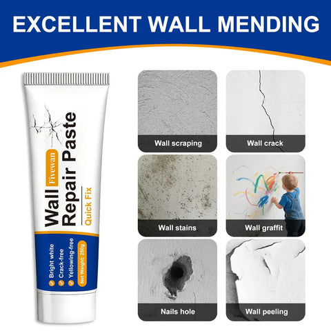 Wall Repair Paste for fixing holes, cracks, stains, graffiti, nail holes, and peeling on walls.