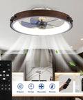 20" Walnut Flush Mount Ceiling Fan with LED Light in modern kitchen, showing remote and unique design.