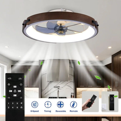20" Walnut Flush Mount Ceiling Fan with LED Light in modern kitchen, showing remote and unique design.