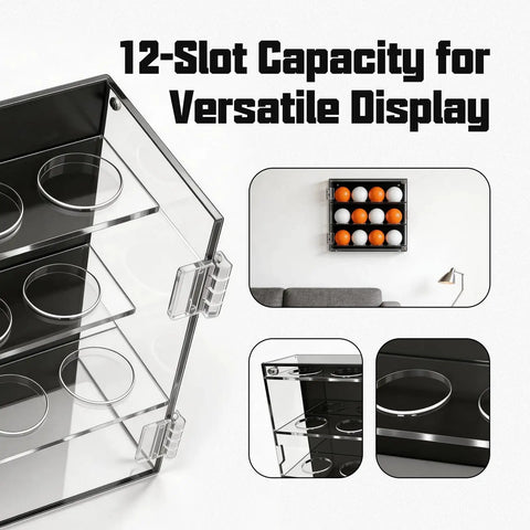 12 Slot Wall Mounted Acrylic Display Case For Baseballs And Golf Balls, Magnetic Front Door showing slots and wall setup