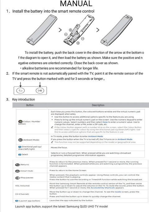 Instruction manual for Universal Smart TV Remote Replacement For 2015 To 2024 Models With battery setup steps and key functions.
